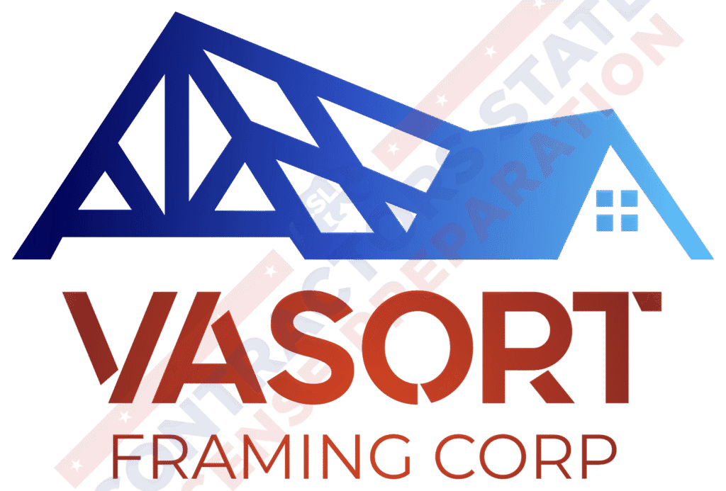 Construction framing blue roof trusses with house and "Vasort Framing Corp" logo, emphasizing residential framing services.